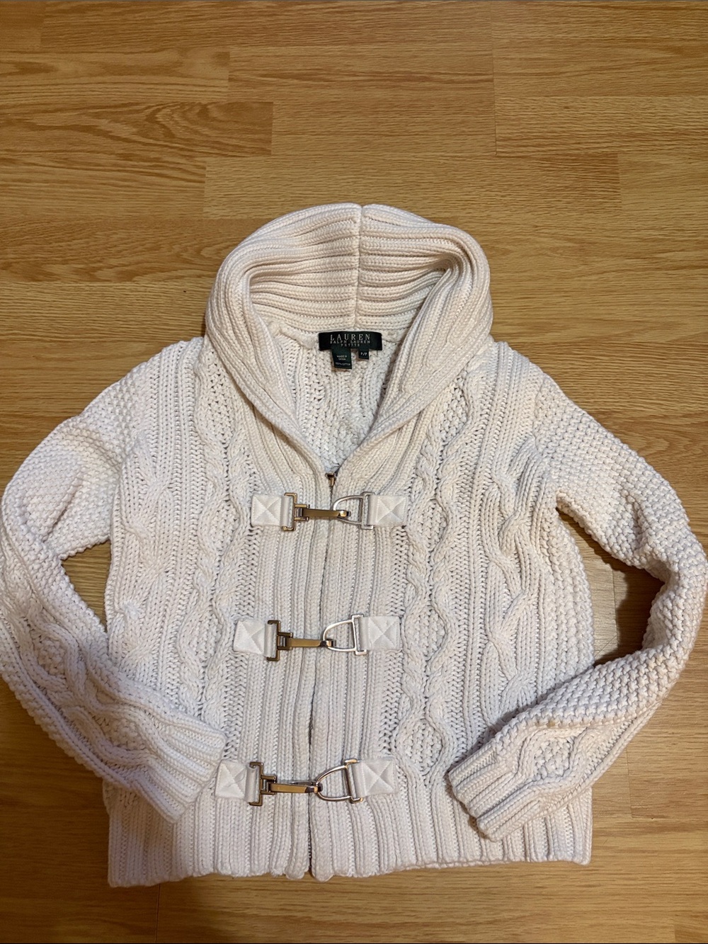 Lauren Ralph Lauren Cream Cable-Knit Shawl Collar Toggle Cardigan